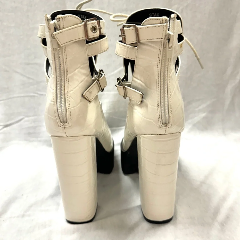 FASHION NOVA STAX platform boots high heels 8.5 white faux CROC ankle booties